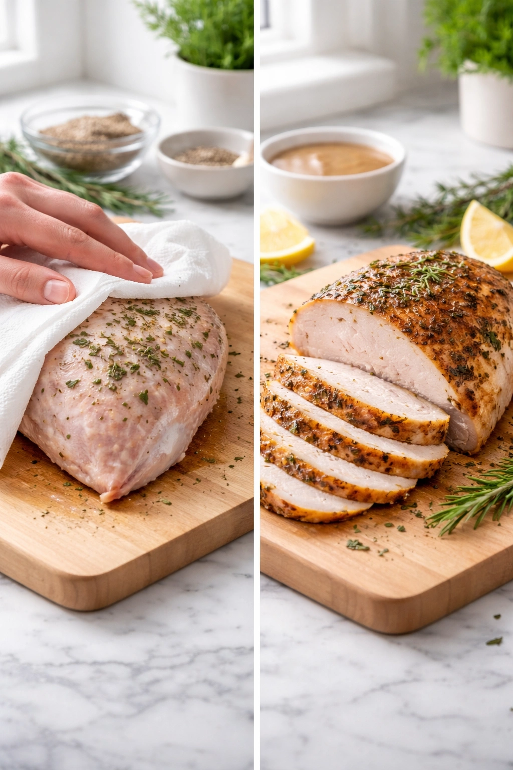 Hands drying turkey skin with paper towels beside a glossy rested slice