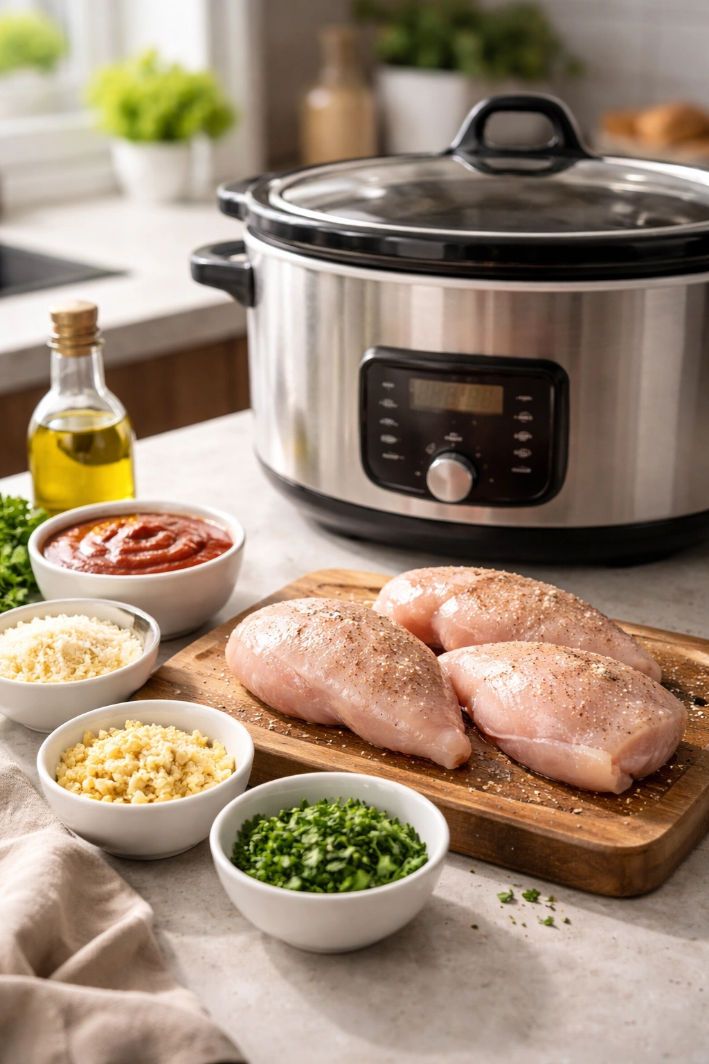 Close-up of thawed chicken and aromatics ready for slow cooking in a modern kitchen