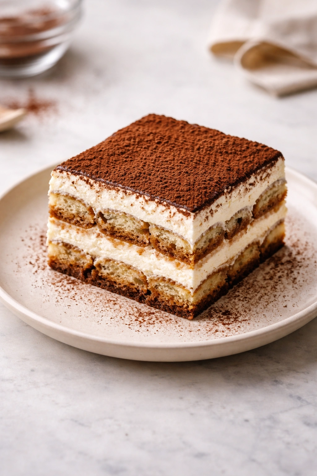 Slice of tiramisu showing layers of ladyfingers and mascarpone