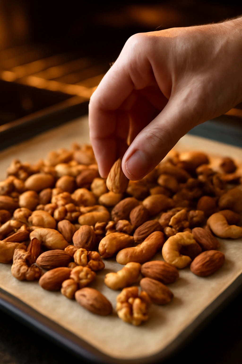 Roasted nuts evenly spread on parchment with hand adjusting placement