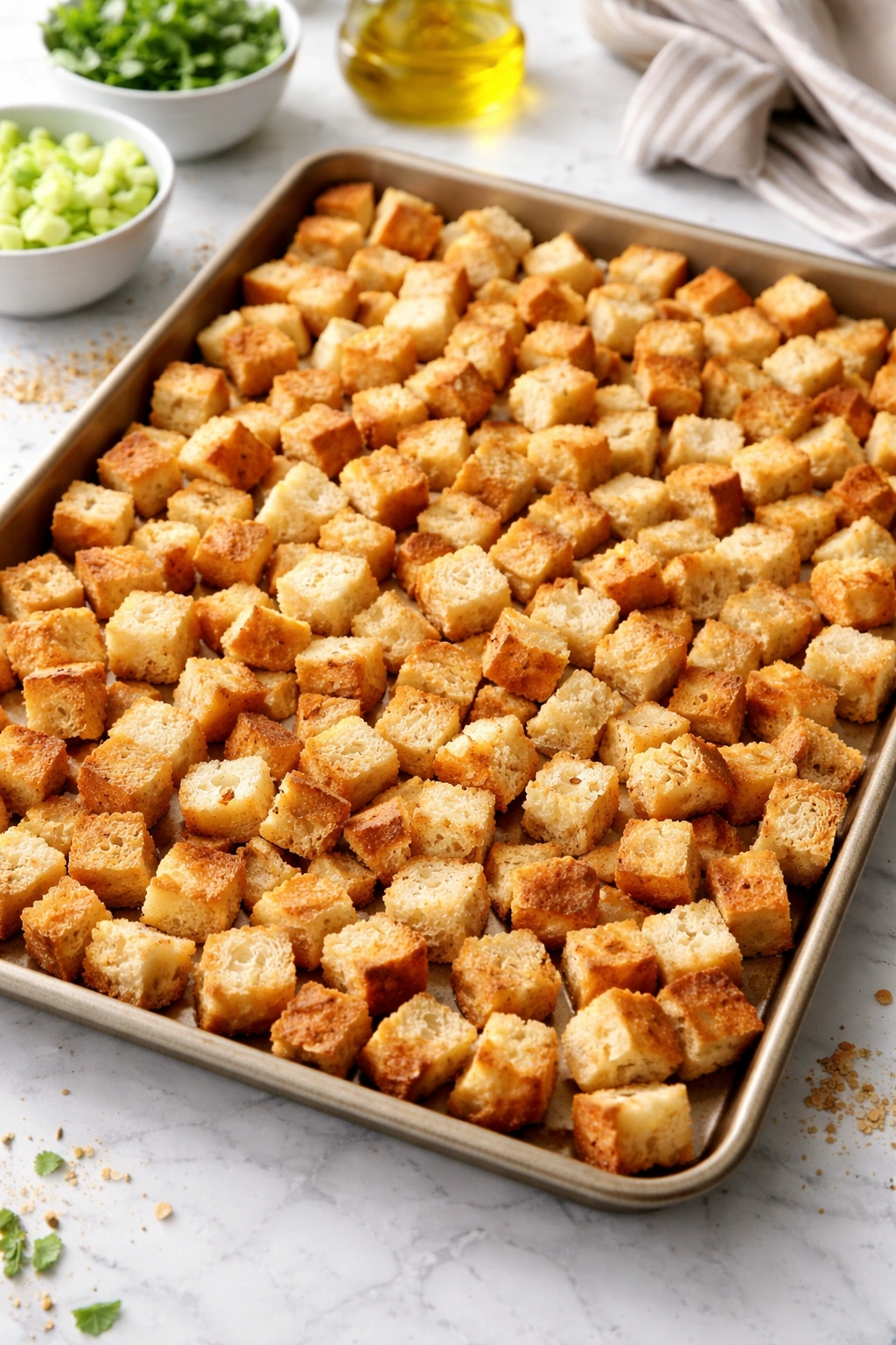 Pale golden toasted bread cubes on a sheet pan