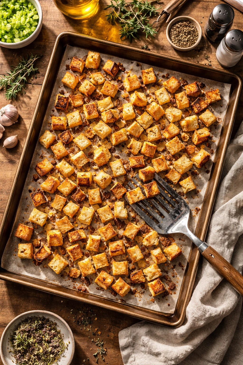 Toasted bread cubes with crisp edges indicating moisture control in stuffing.