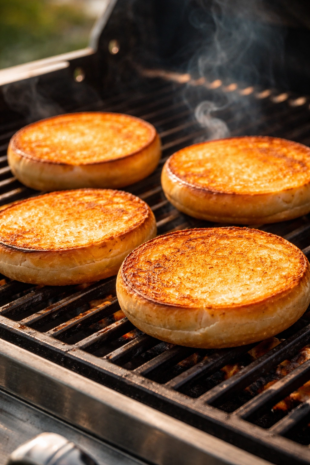 Toasted hamburger buns on a grill with buttered interiors