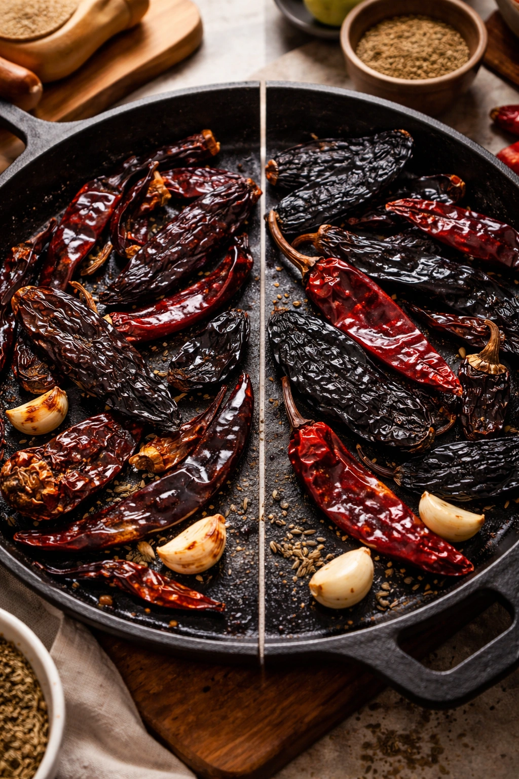 Split skillet showing toasted vs. raw chiles to illustrate common mistakes