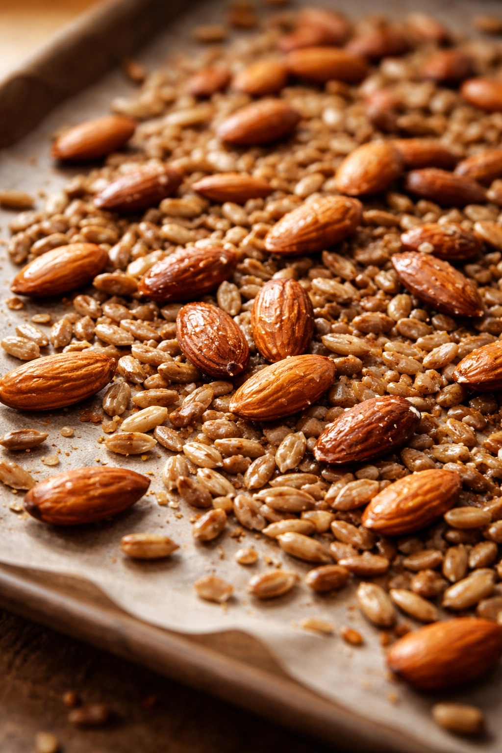 Toasted almonds and sunflower seeds on a neutral surface