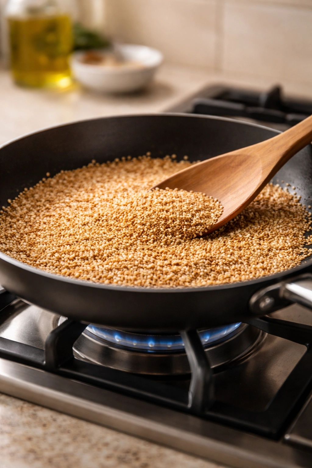 Sesame seeds toasting to golden brown in a dry skillet