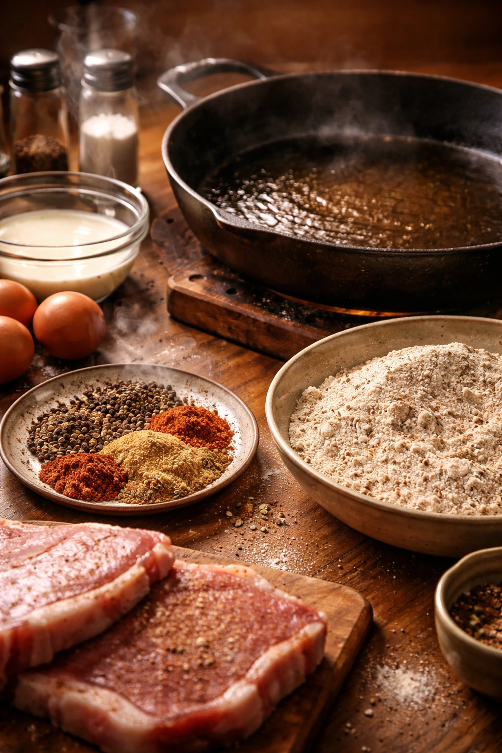 Cast iron skillet with toasted spices and flour for restaurant-quality coating