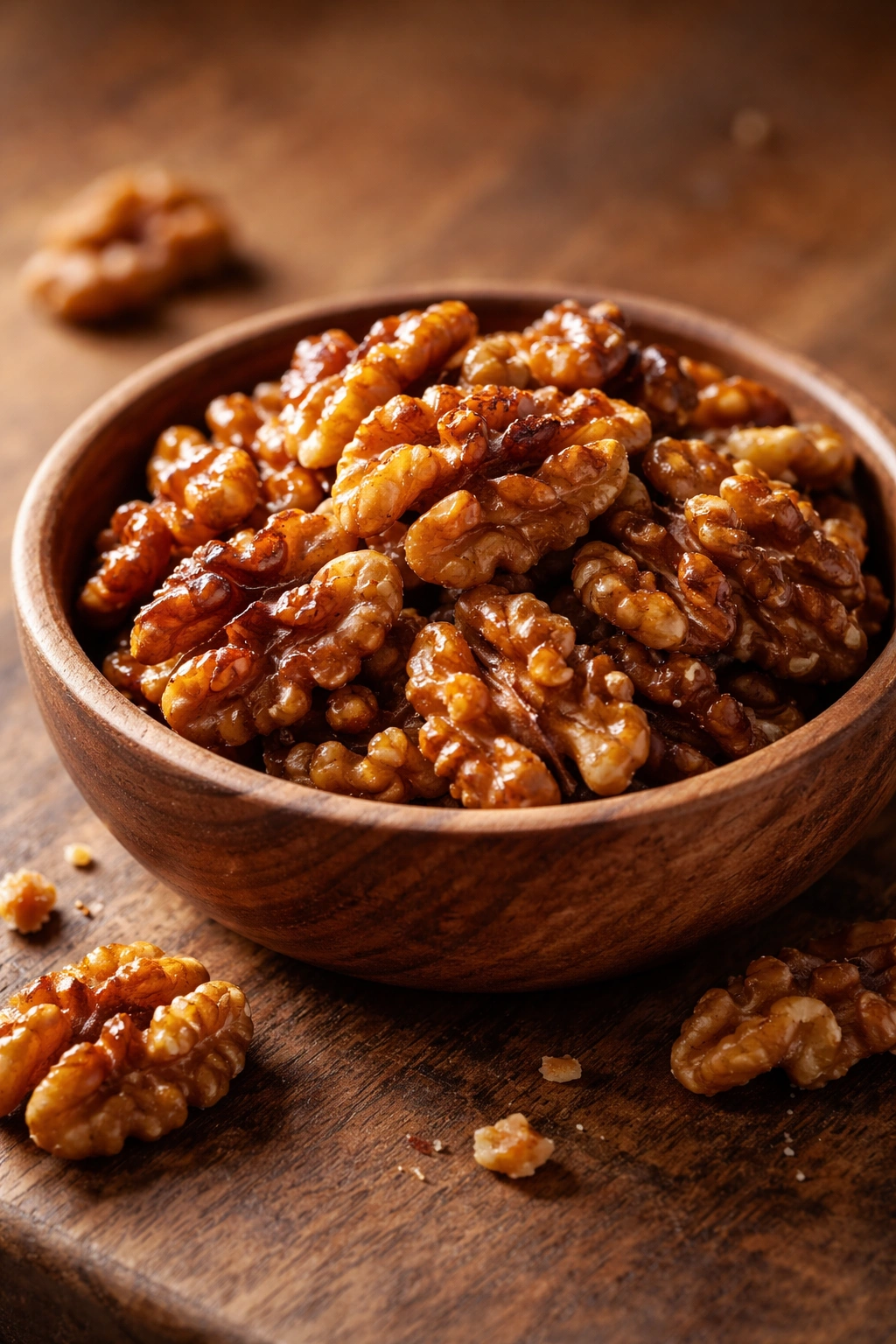 Toasted walnuts in a wooden bowl