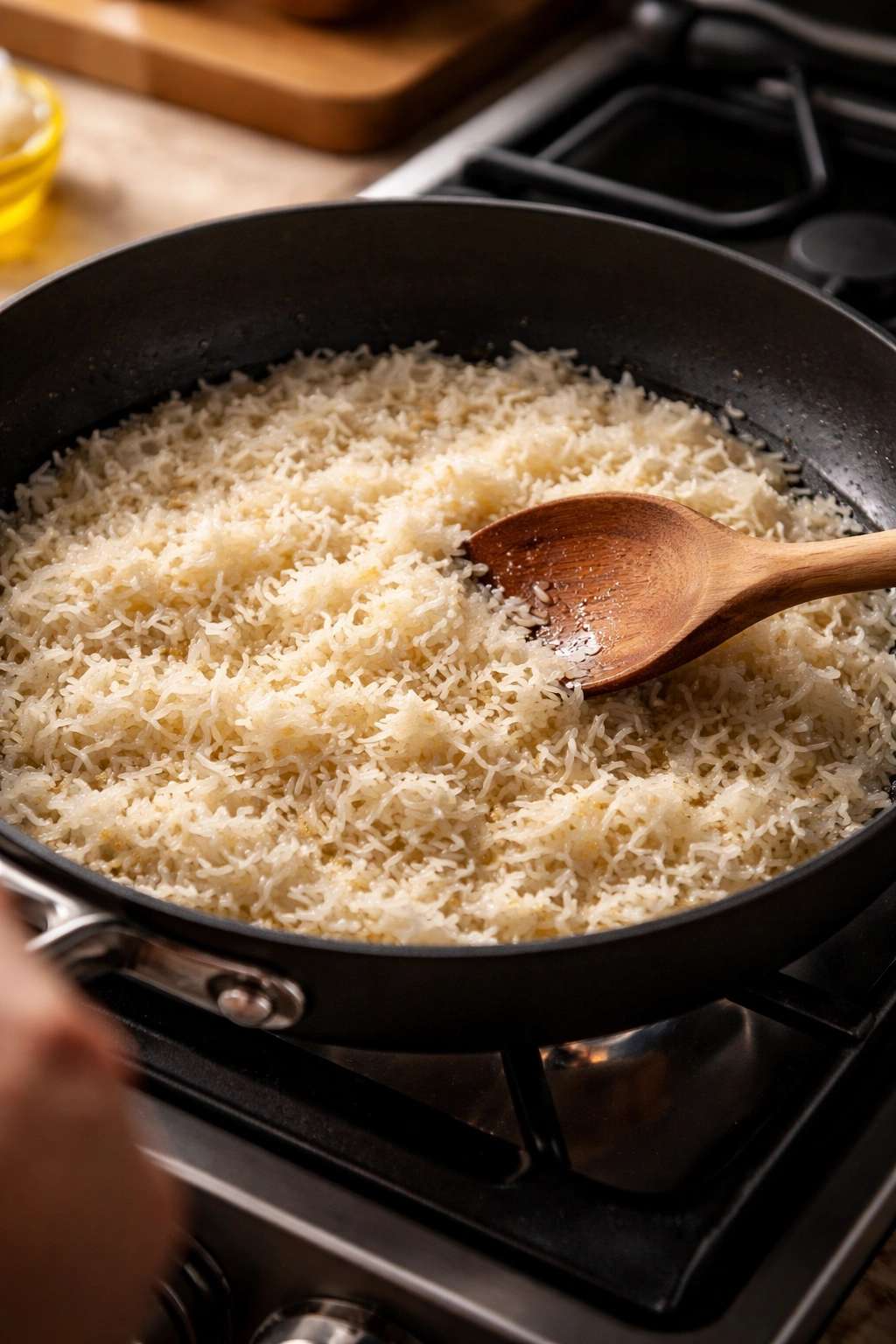 Toasted basmati rice in oil, grains glossy and ready to absorb moisture