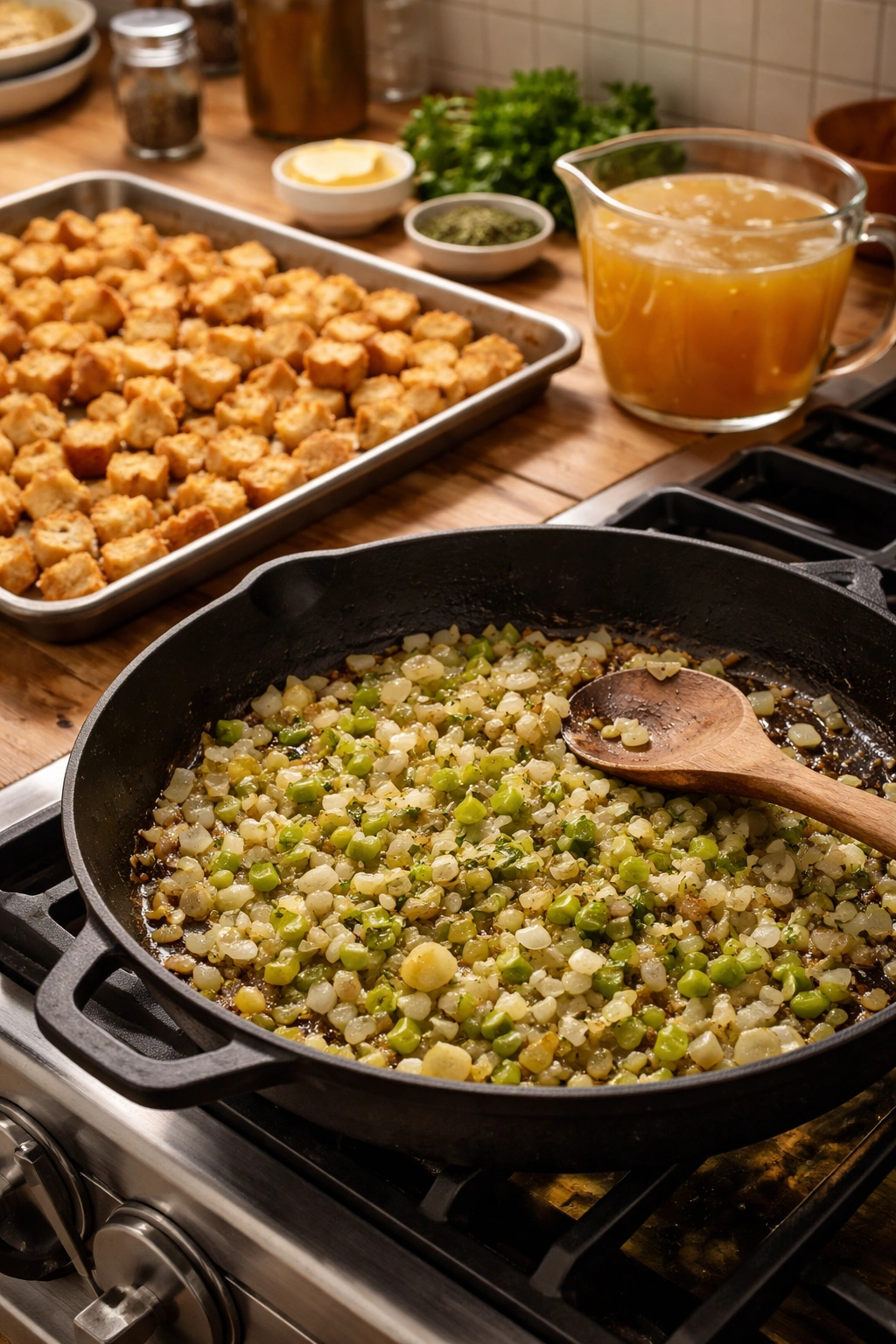 Aromatics sautéing, bread toasting, and broth ready in kitchen scene