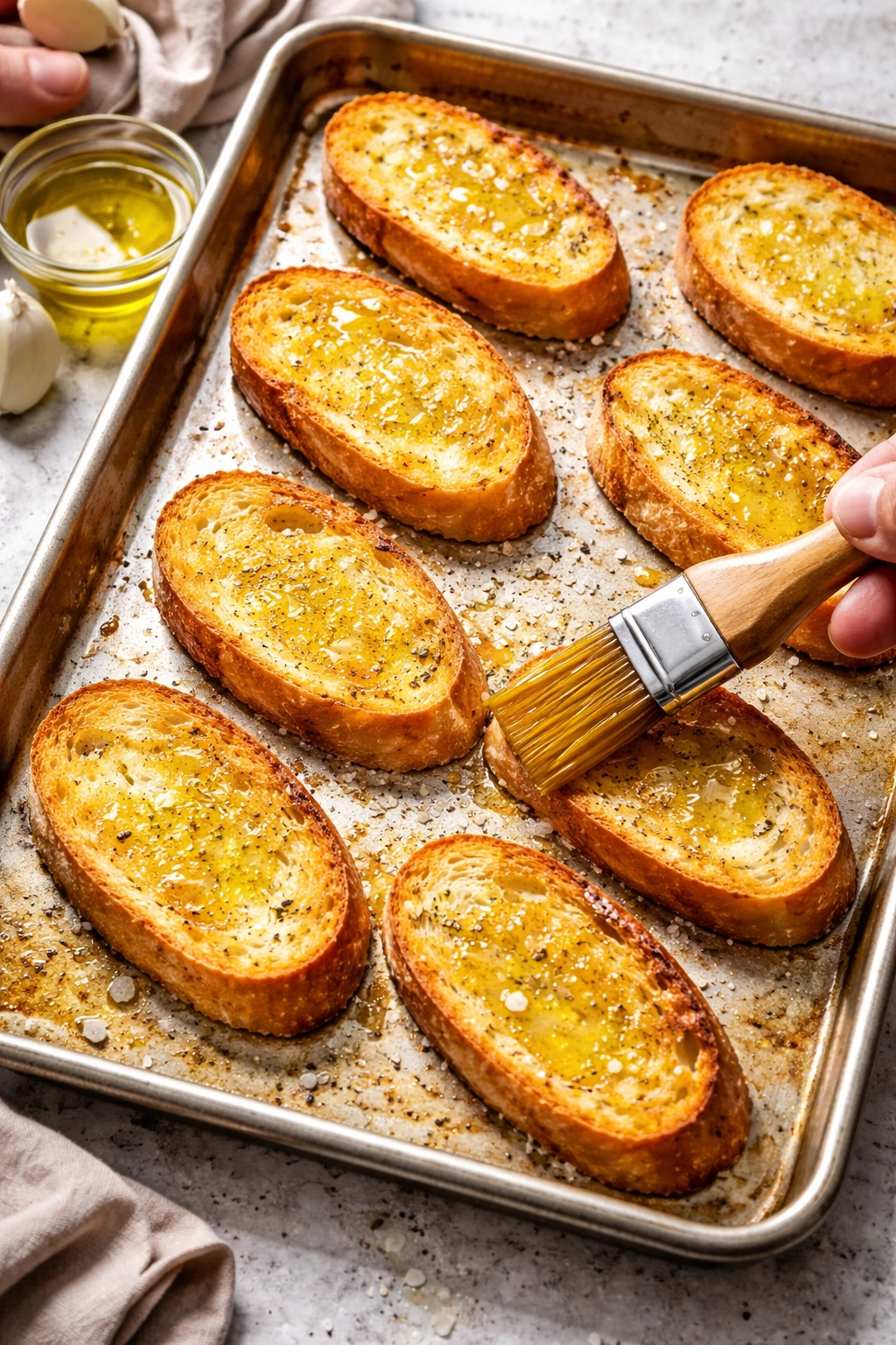 Bread slices on sheet pan brushing with olive oil before toasting