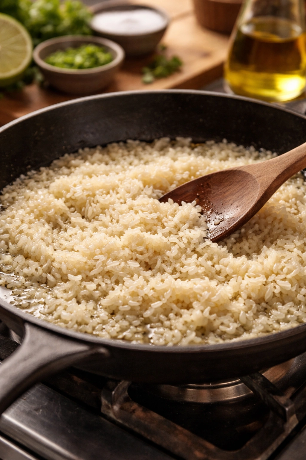 Rice toasting in a skillet with oil on a stove.