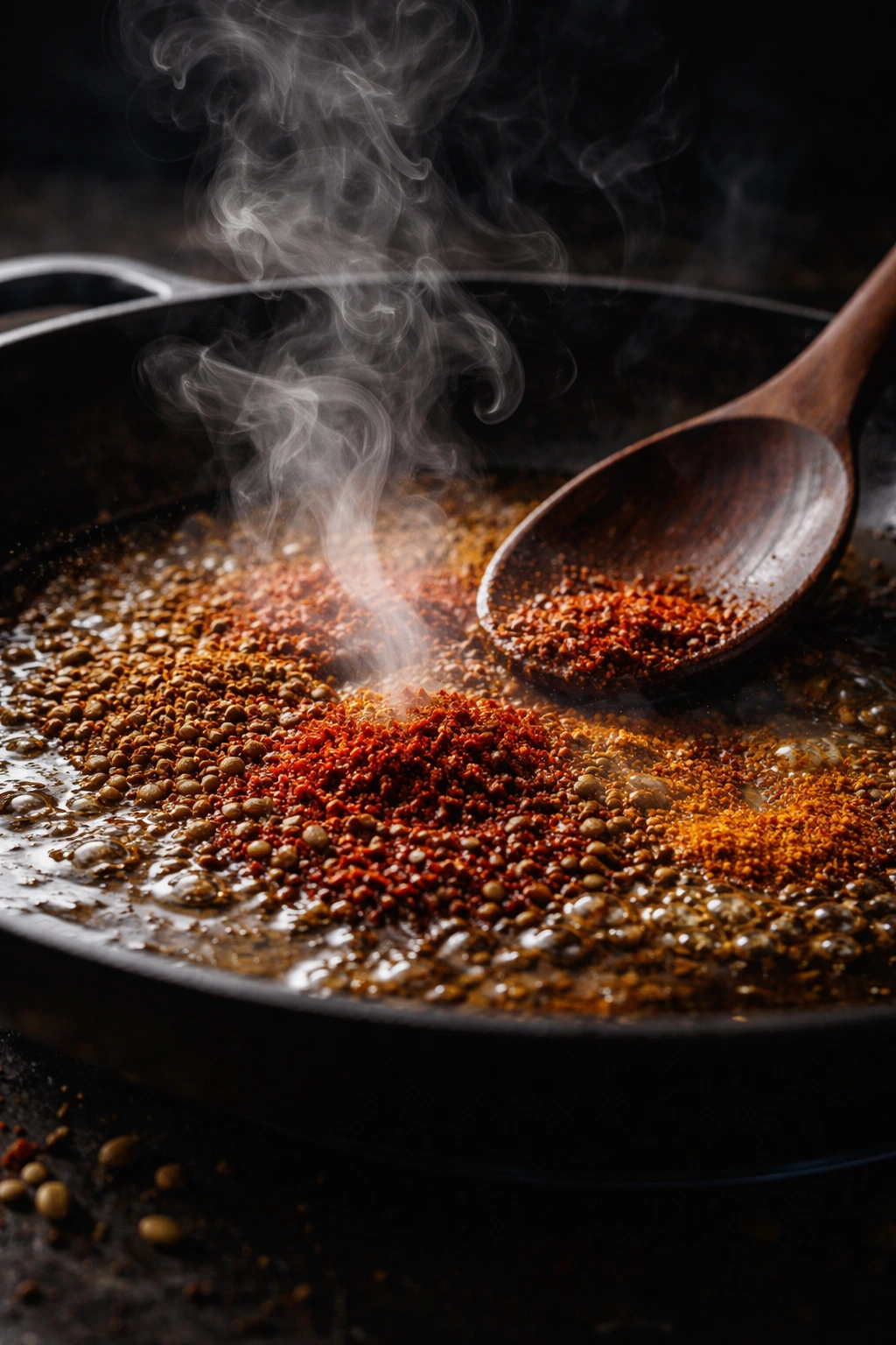 Toasting spices in oil in a skillet with steam
