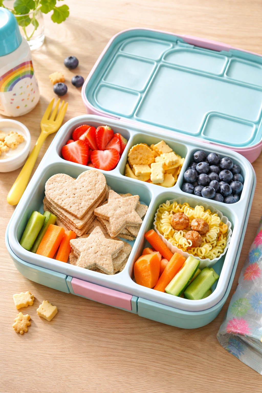 Open toddler lunchbox showing familiar textures and small portions for picky eaters