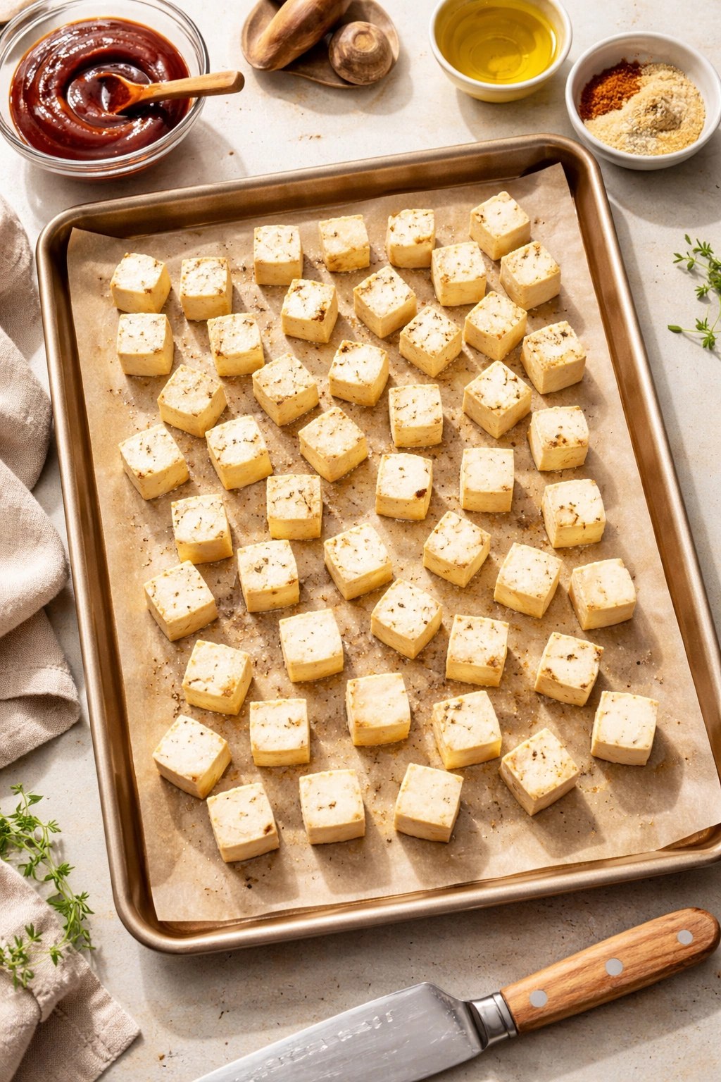 Tofu cubes on parchment-lined sheet ready for baking