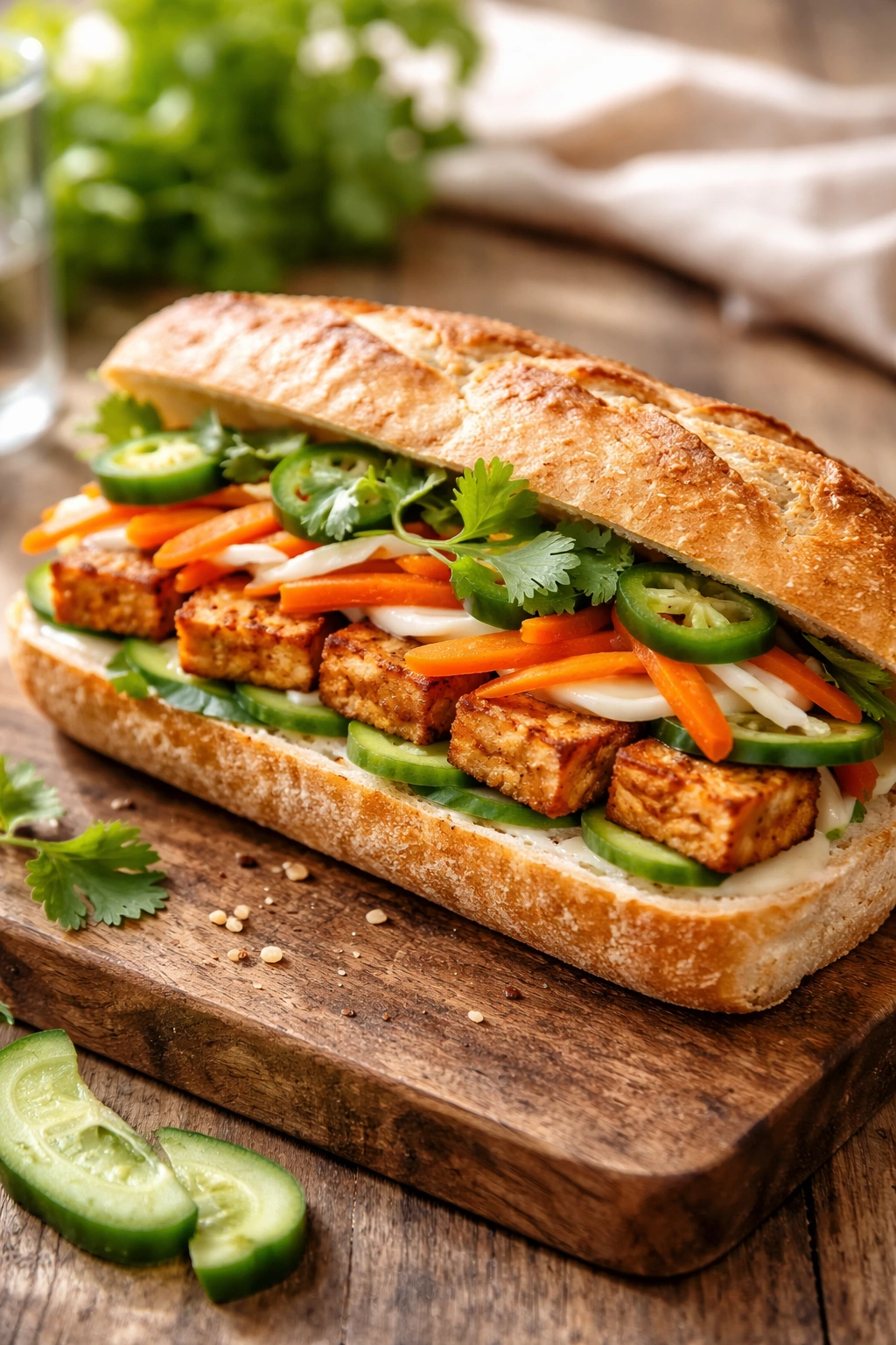 Close-up of crispy tofu banh mi-inspired sandwich with pickled vegetables on a wooden board