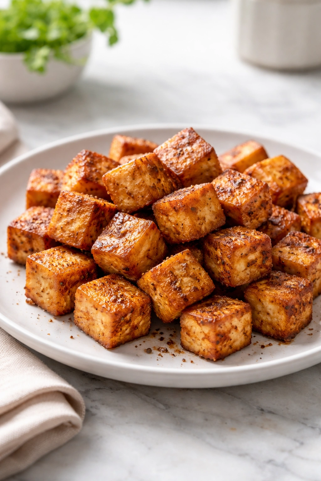 Close-up of crispy roasted tofu bites on white plate