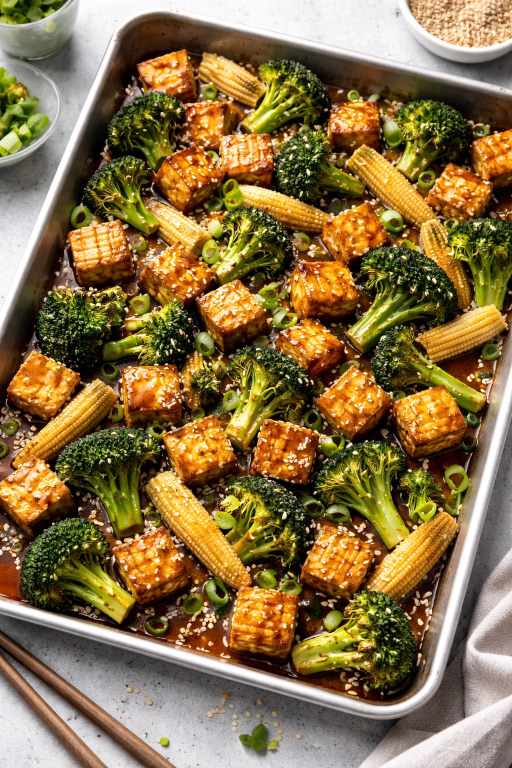 Tofu, broccoli, and baby corn with sesame-ginger glaze on a sheet pan.