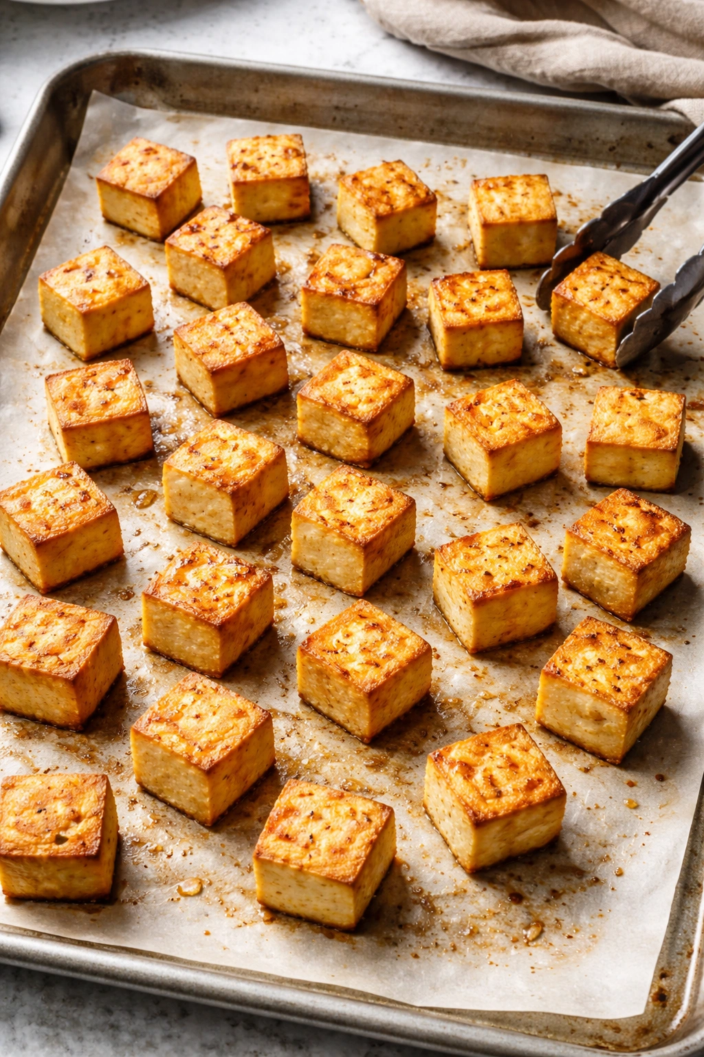 Close-up of pressed extra-firm tofu cubes ready to brown on parchment