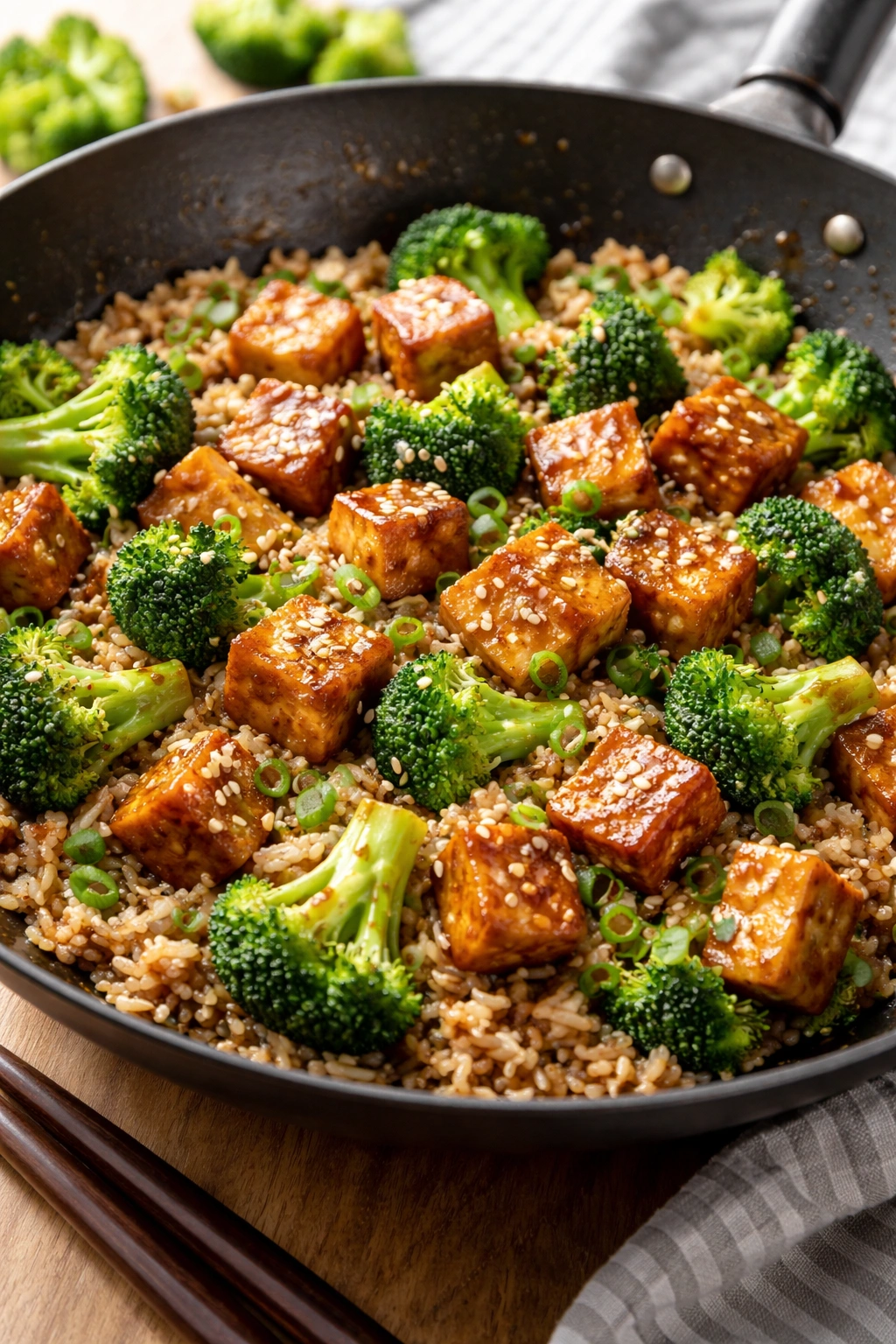 Stir-fried tofu with broccoli and brown rice in wok