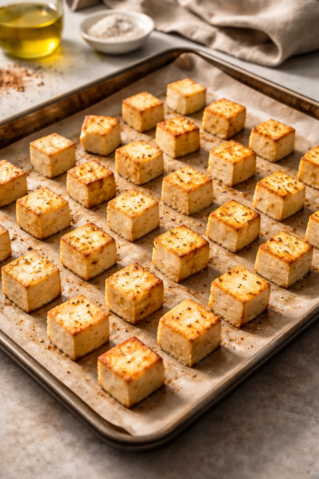 Close-up of crispy baked tofu cubes evenly spaced on parchment-lined tray