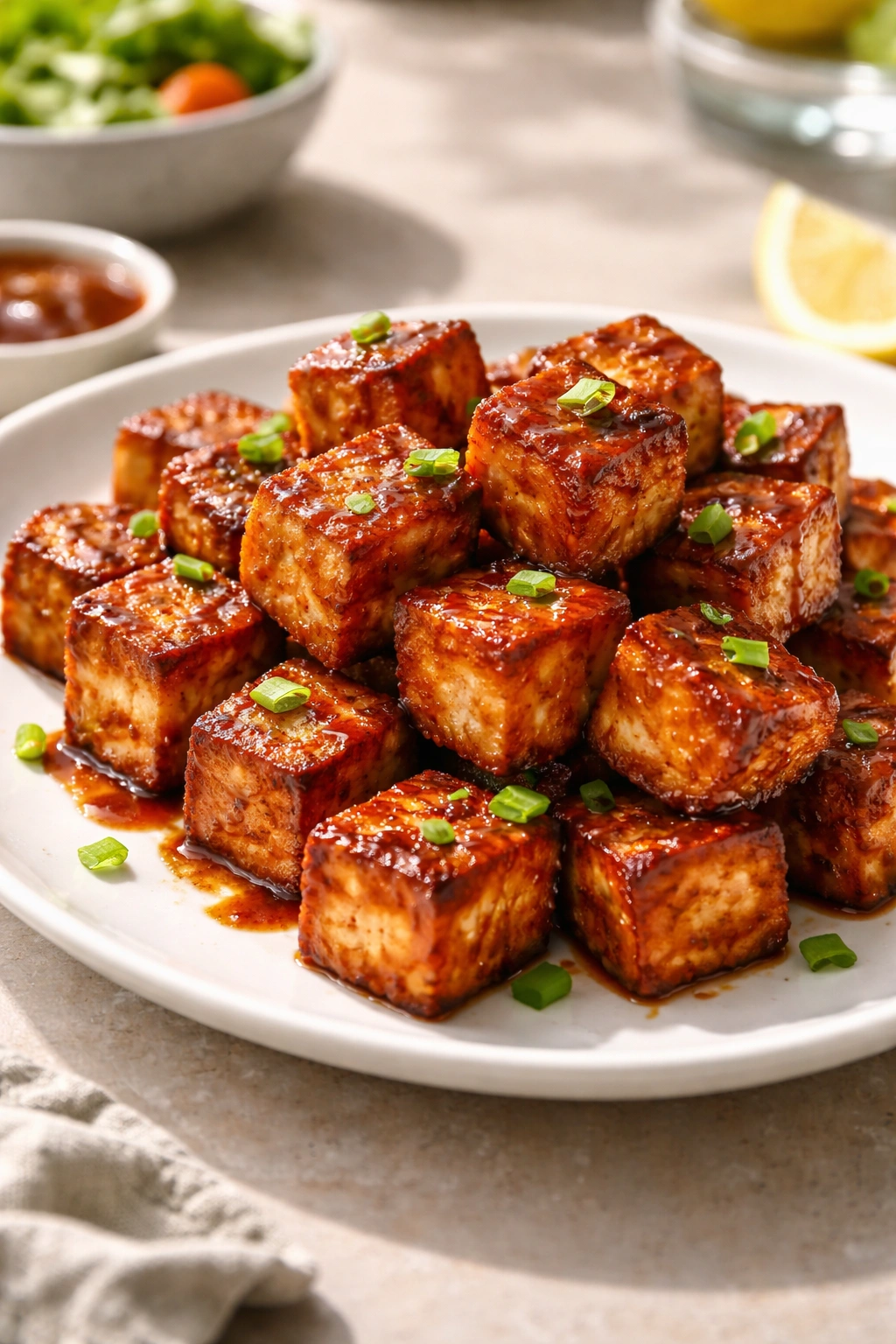 Close-up of crispy tofu bites on white plate emphasizing protein-rich dinner