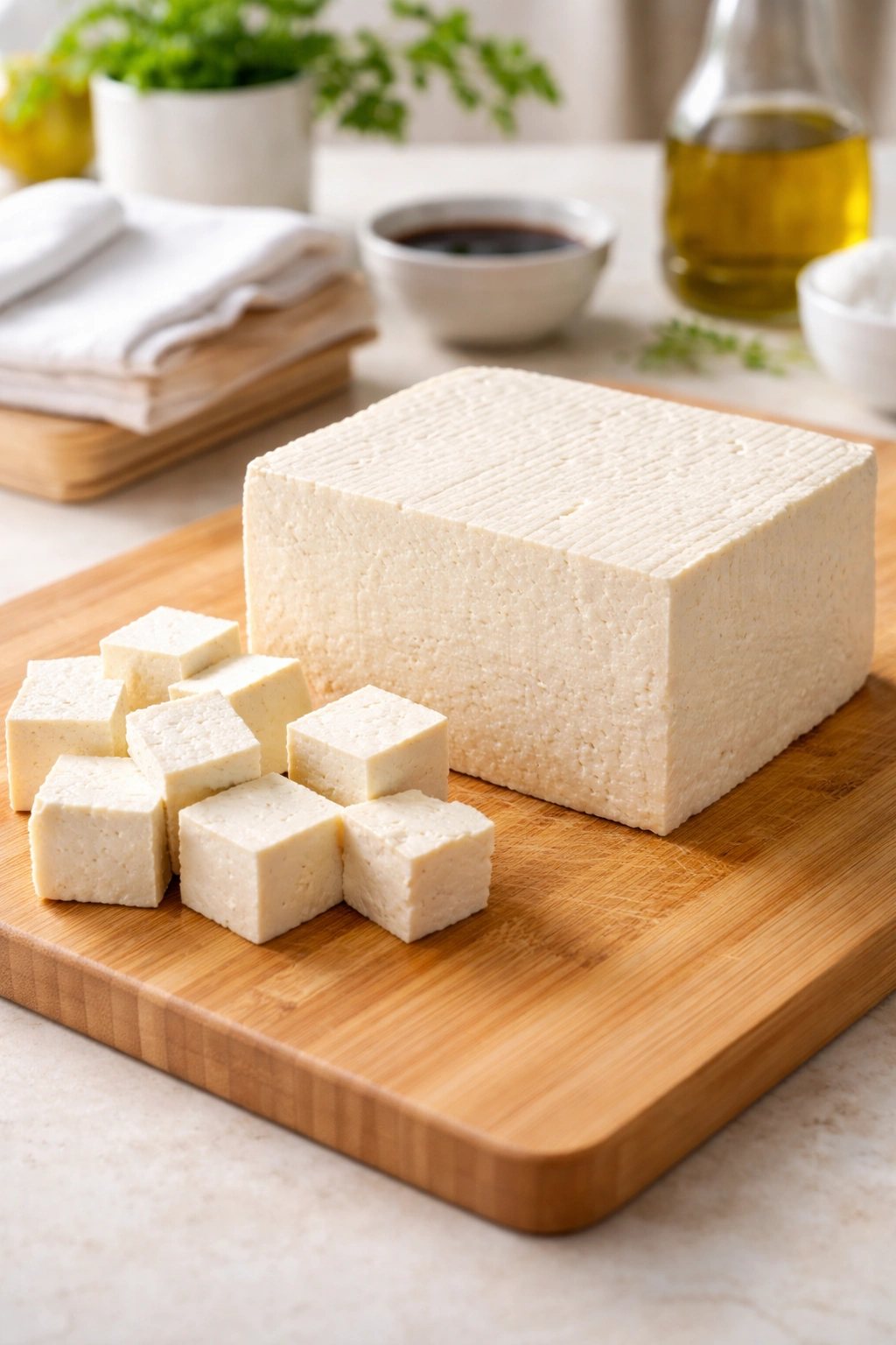 Block of extra-firm tofu on a cutting board