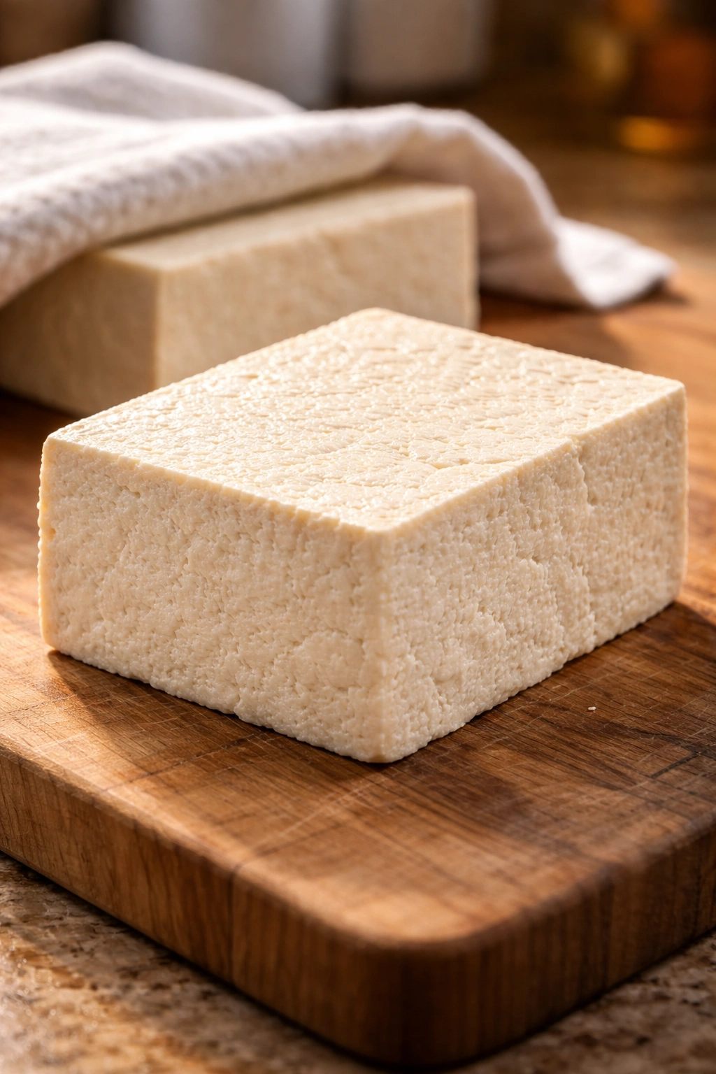 Close-up of an extra-firm tofu block showing dense texture