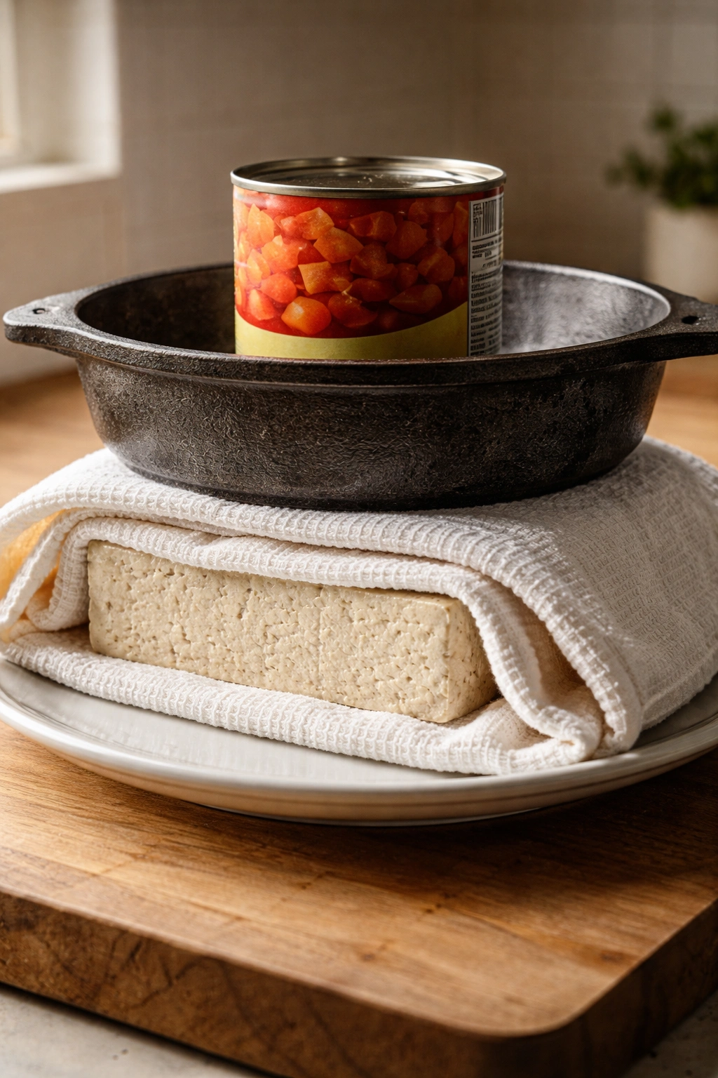 Tofu wrapped in towel with weight pressing on a plate