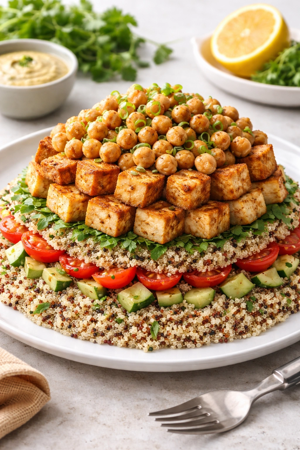 Layered plate with quinoa, tofu, and chickpeas as protein layers