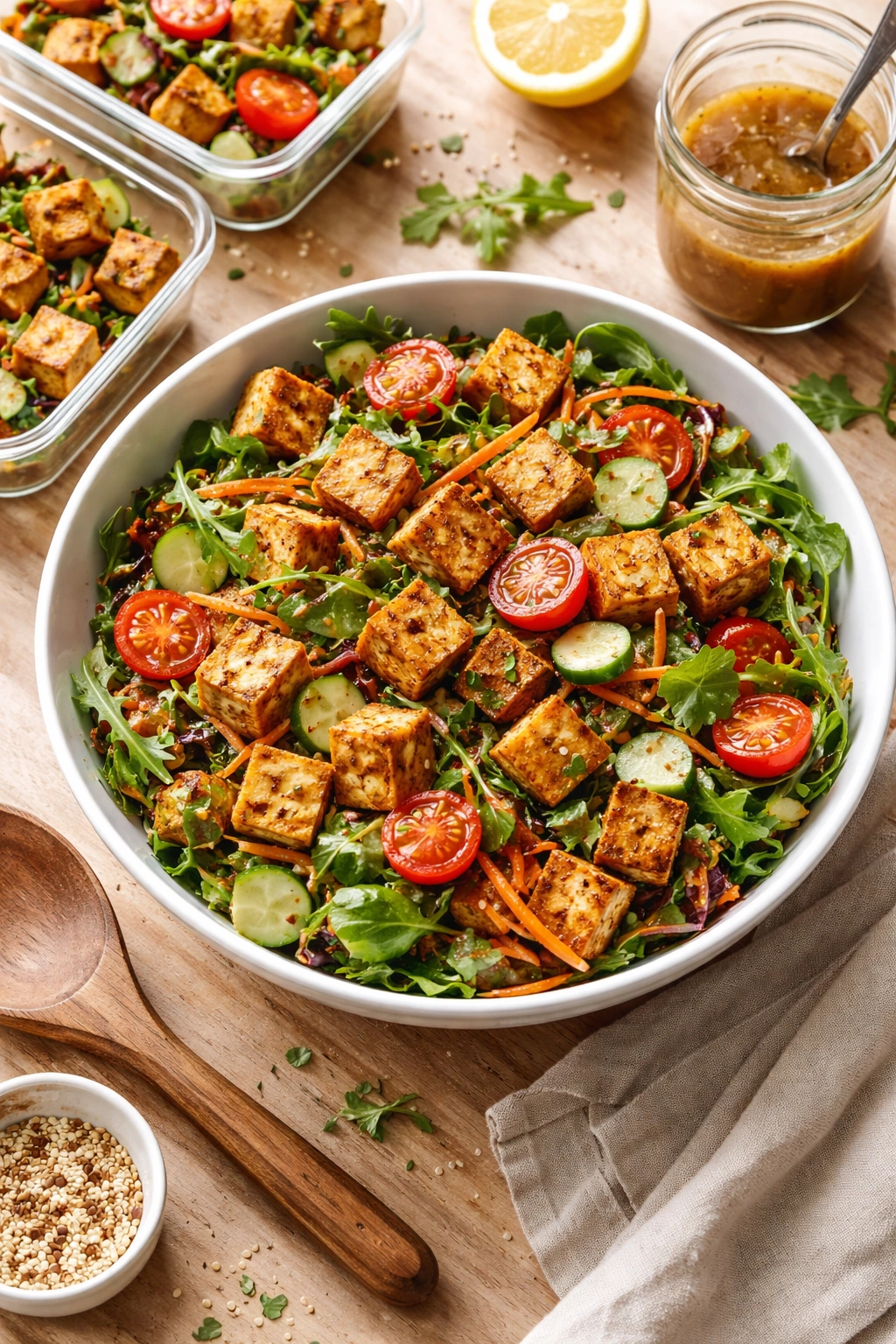 Close-up of tofu salad bowl with crispy tofu cubes and colorful vegetables