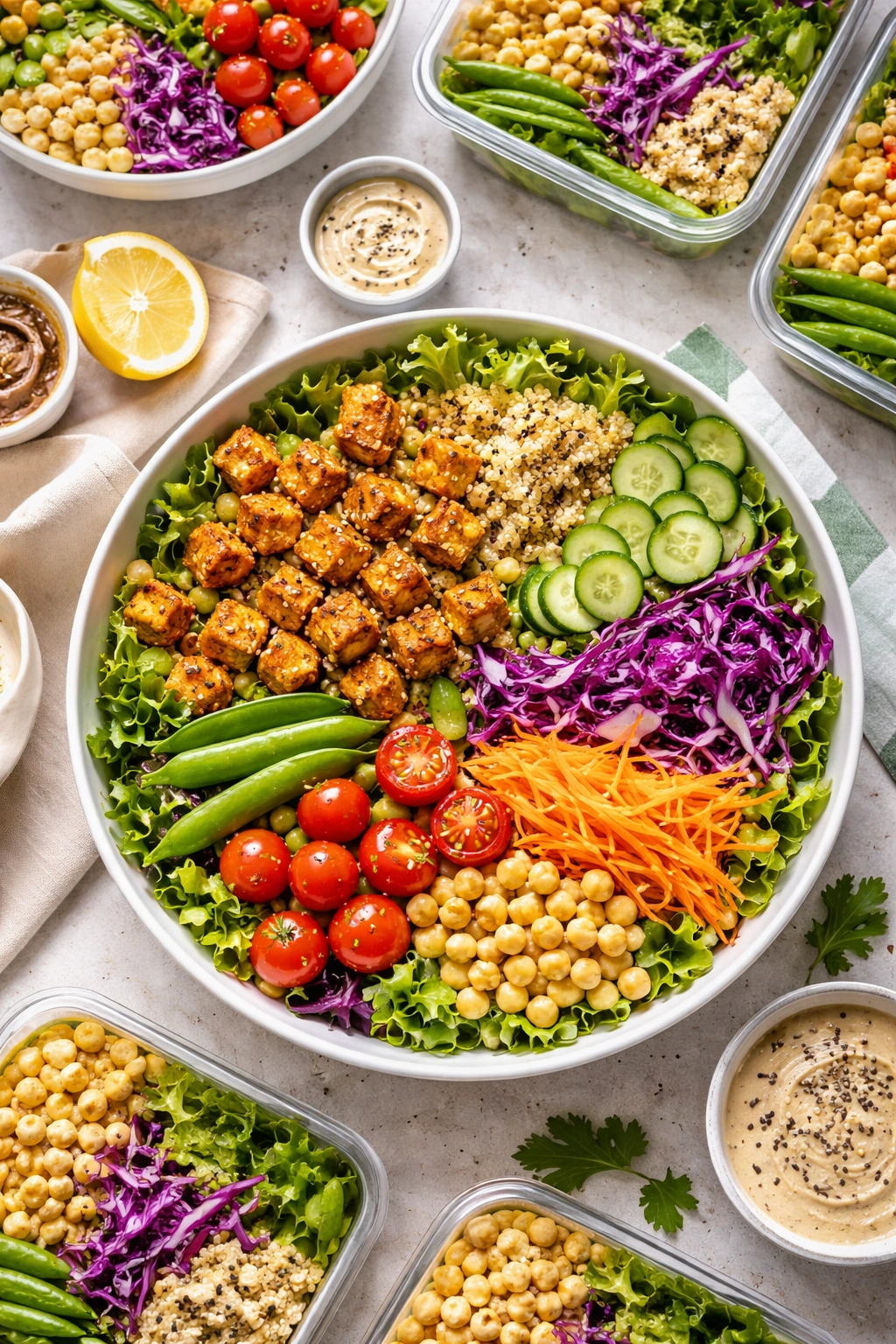 Final plated vegan tofu salad with multiple protein sources ready for meal prep