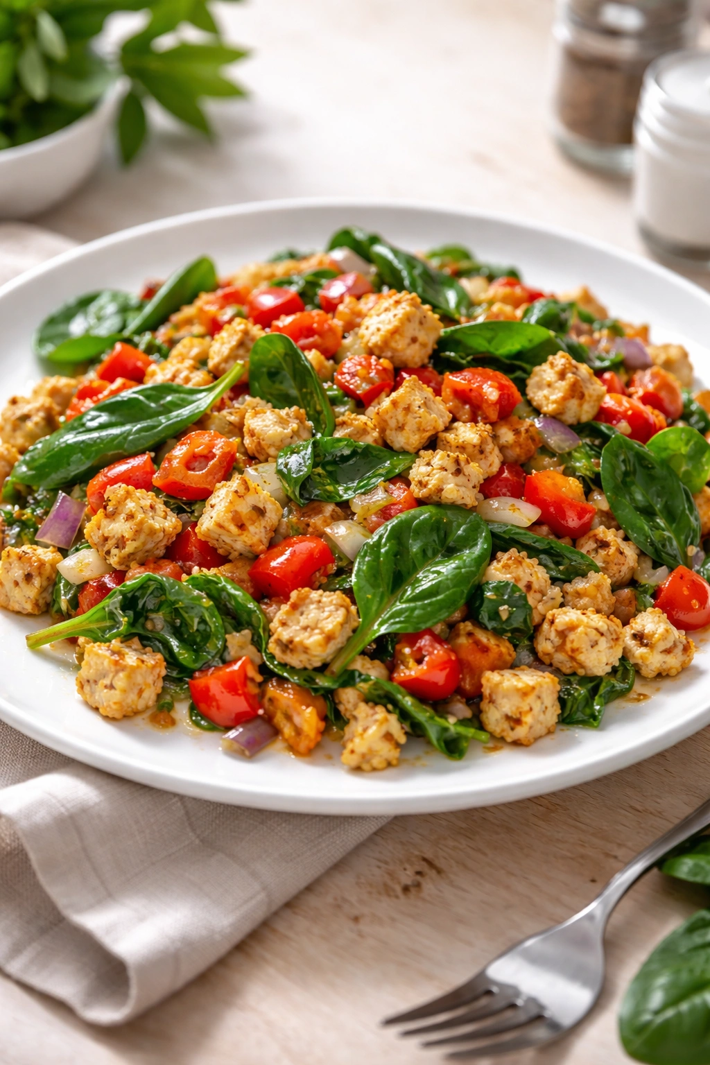 Close-up of Crispy Tofu Scramble with peppers, onions, and spinach on a plate