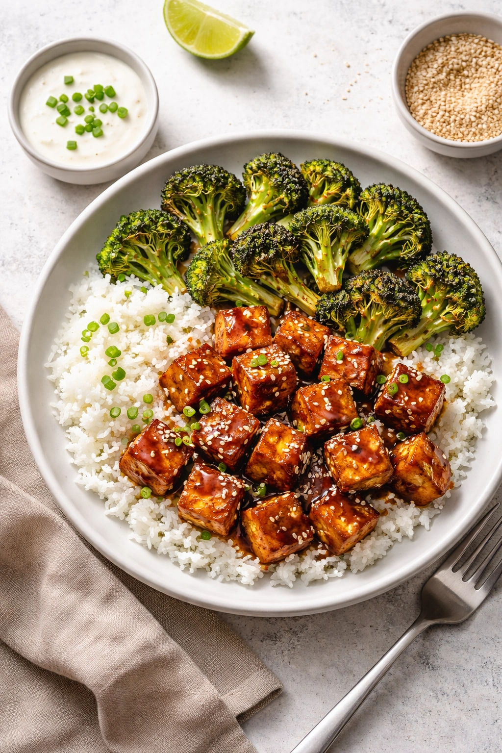 Crispy BBQ tofu with rice and broccoli on a clean plate, demonstrating serving pairings