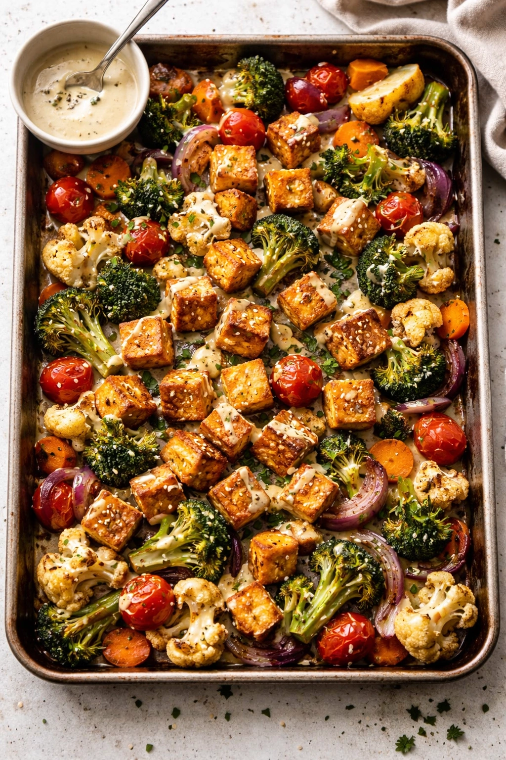 Sheet pan roasted vegetables with crispy tofu and tahini drizzle