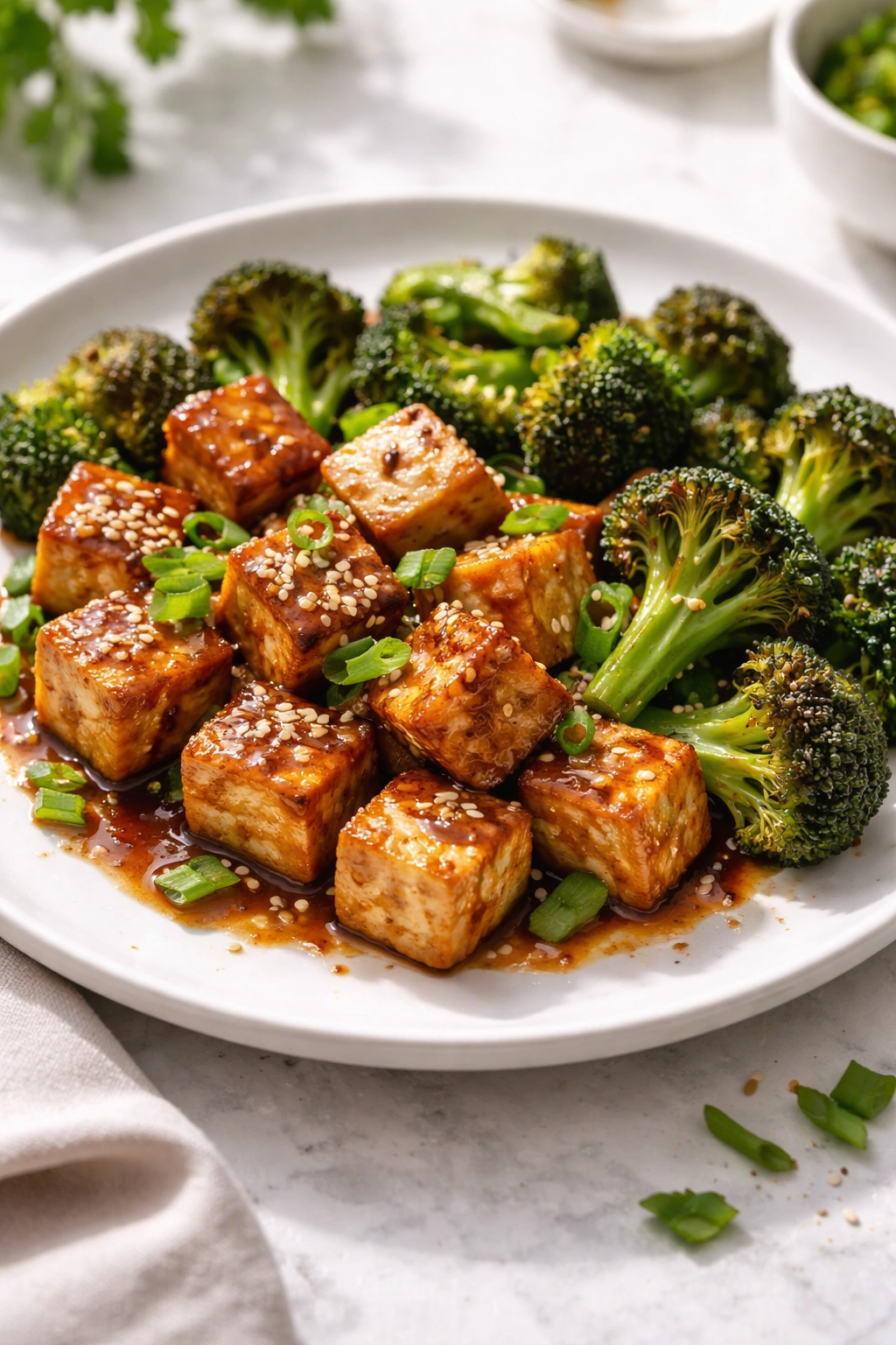 Crispy tofu stir-fry with broccoli in glossy sauce on white plate