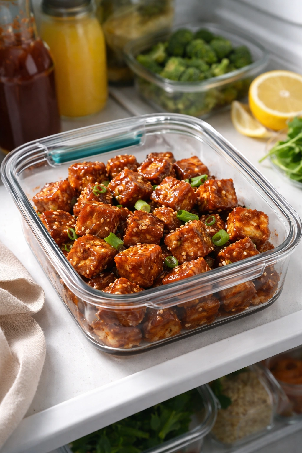 Airtight container of prepared BBQ tofu in a fridge