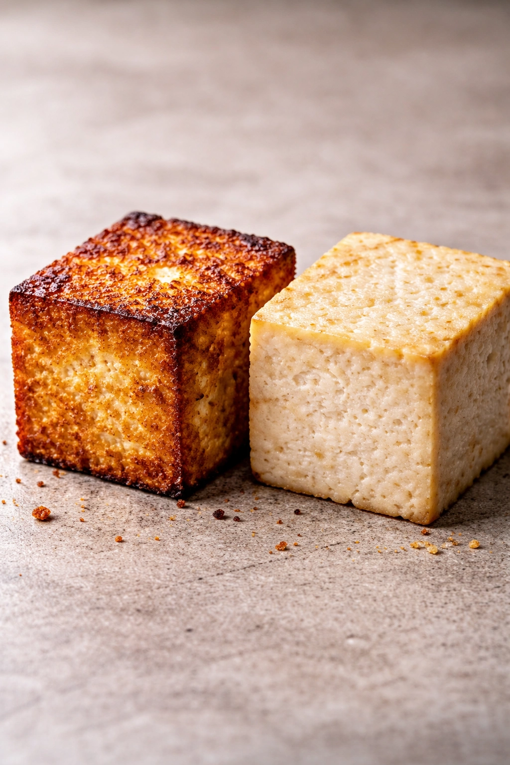Close-up of two pressed tofu squares showing crispy vs soft texture