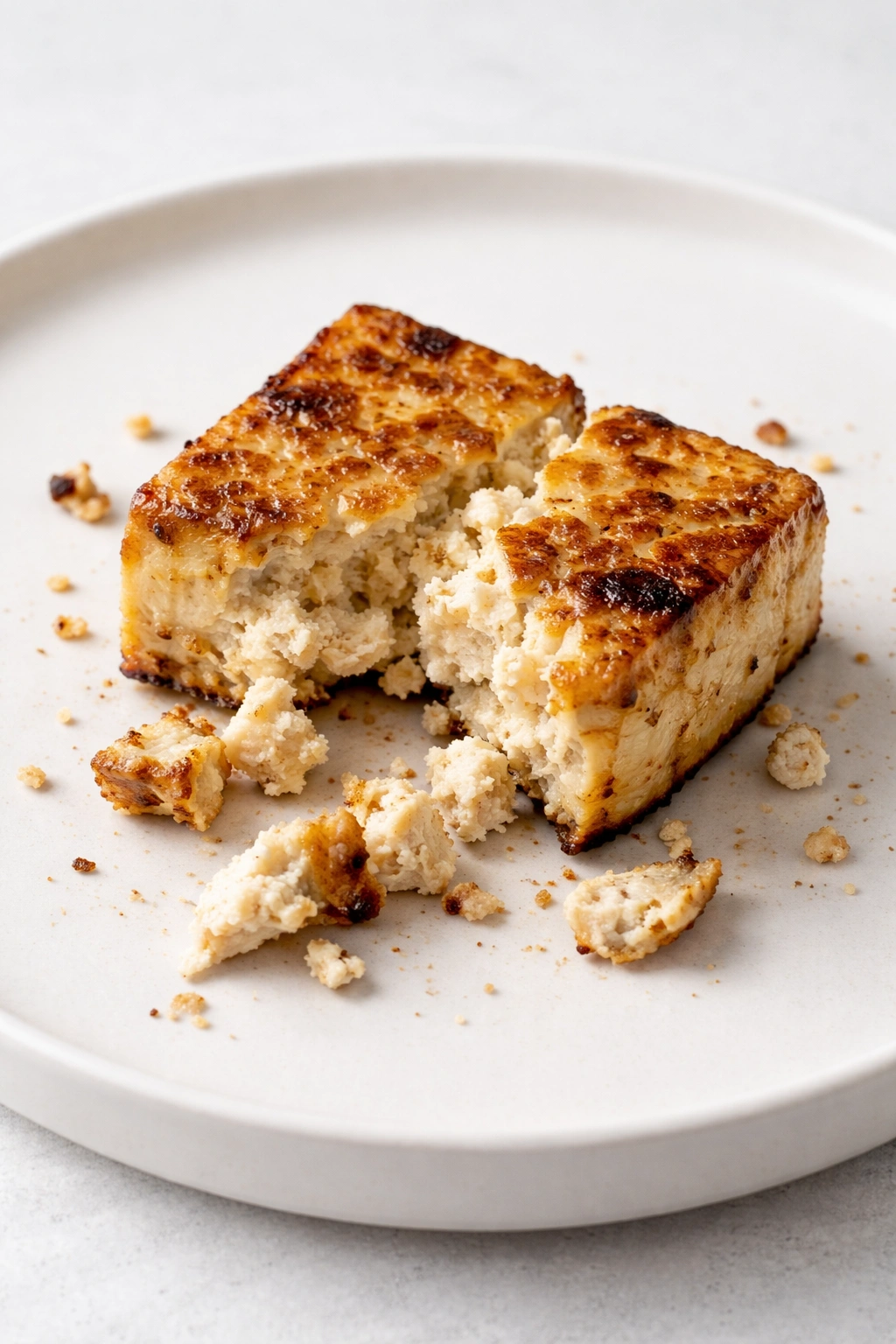 Crumbled tofu piece showing texture and browning
