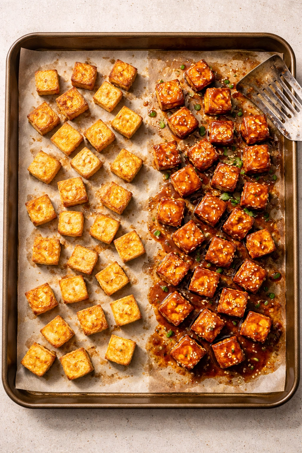 Tofu cubes showing crispy dry and sauced stages on baking sheet