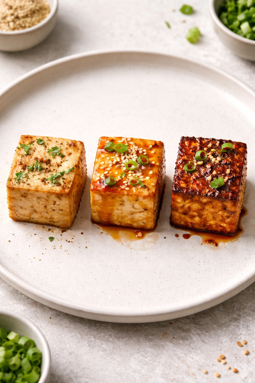 Three glazed tofu cubes showing different finishes