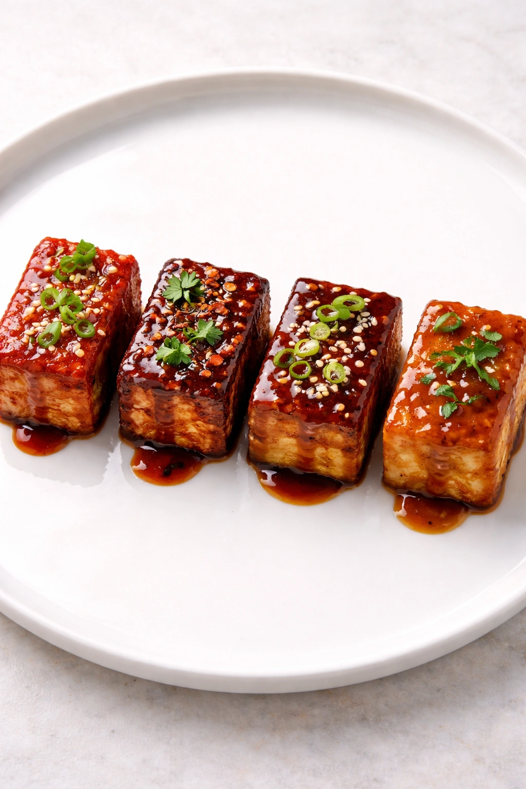 Plate with four tofu cubes, each glazed with a different sauce