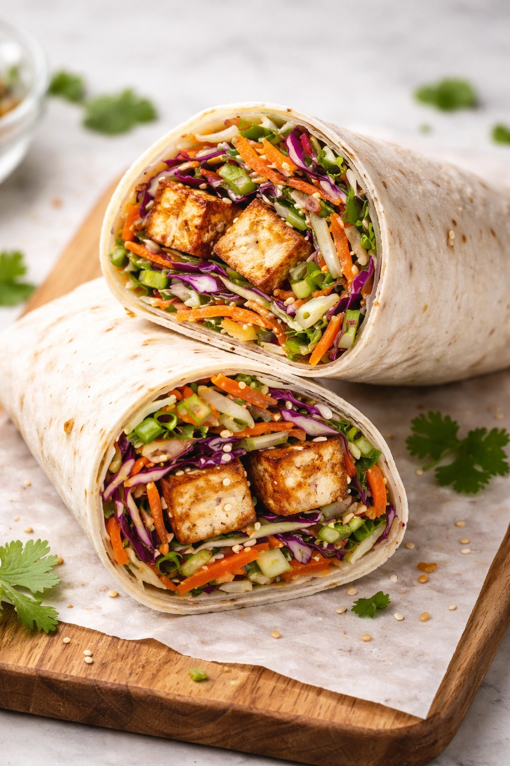 Cross-section of Asian slaw wrap with crispy tofu filling