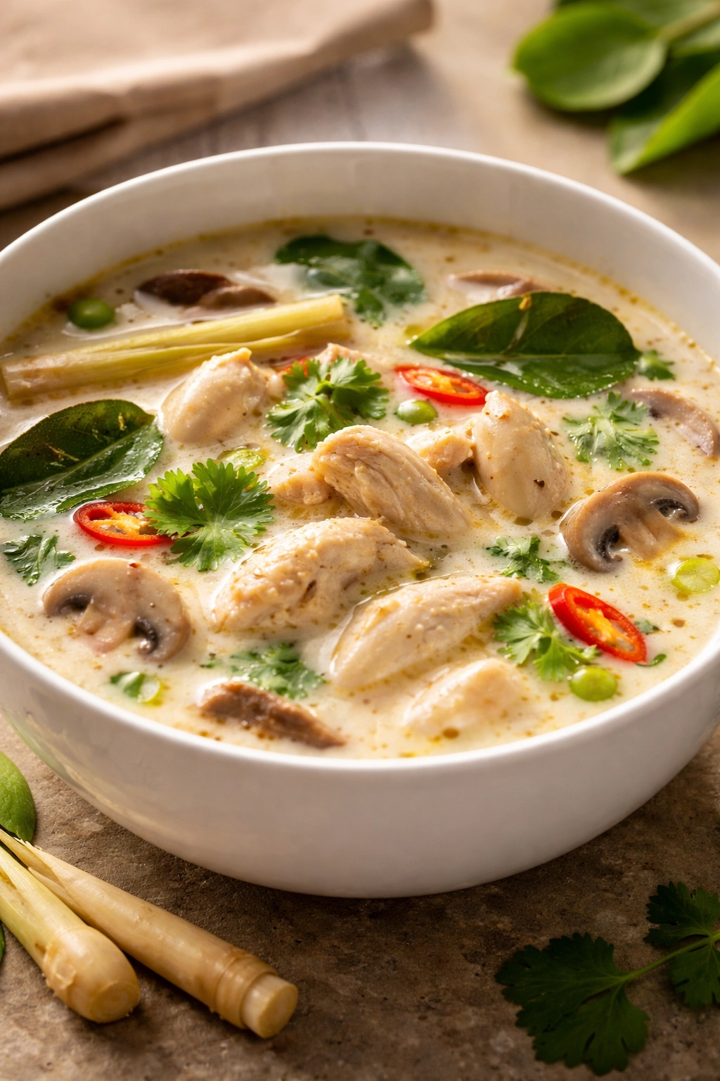 Coconut Tom Kha Gai chicken soup with lemongrass and lime leaves