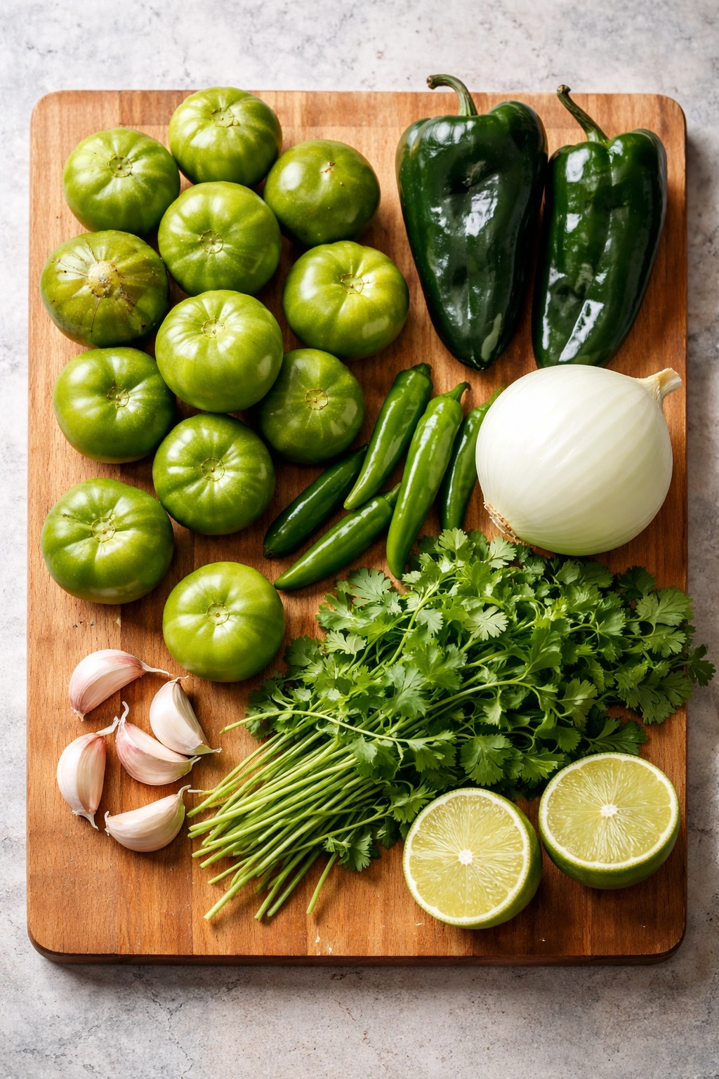 Fresh ingredients for roasted salsa laid out on a wooden board