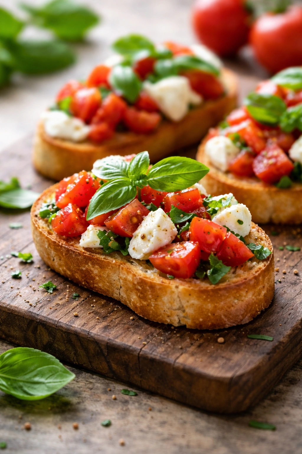 Close-up of a crostini with tomato, mozzarella, and basil on toasted bread.