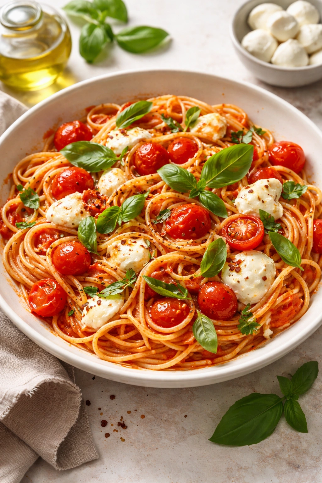 Tomato basil pasta with mozzarella on white plate