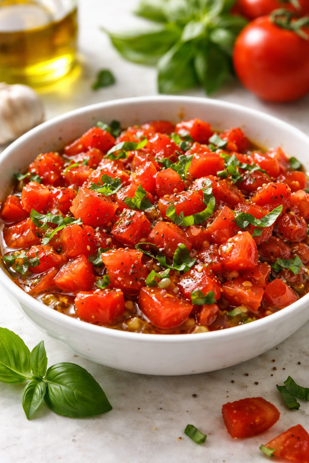 Diced tomato topping with basil and olive oil in a small bowl