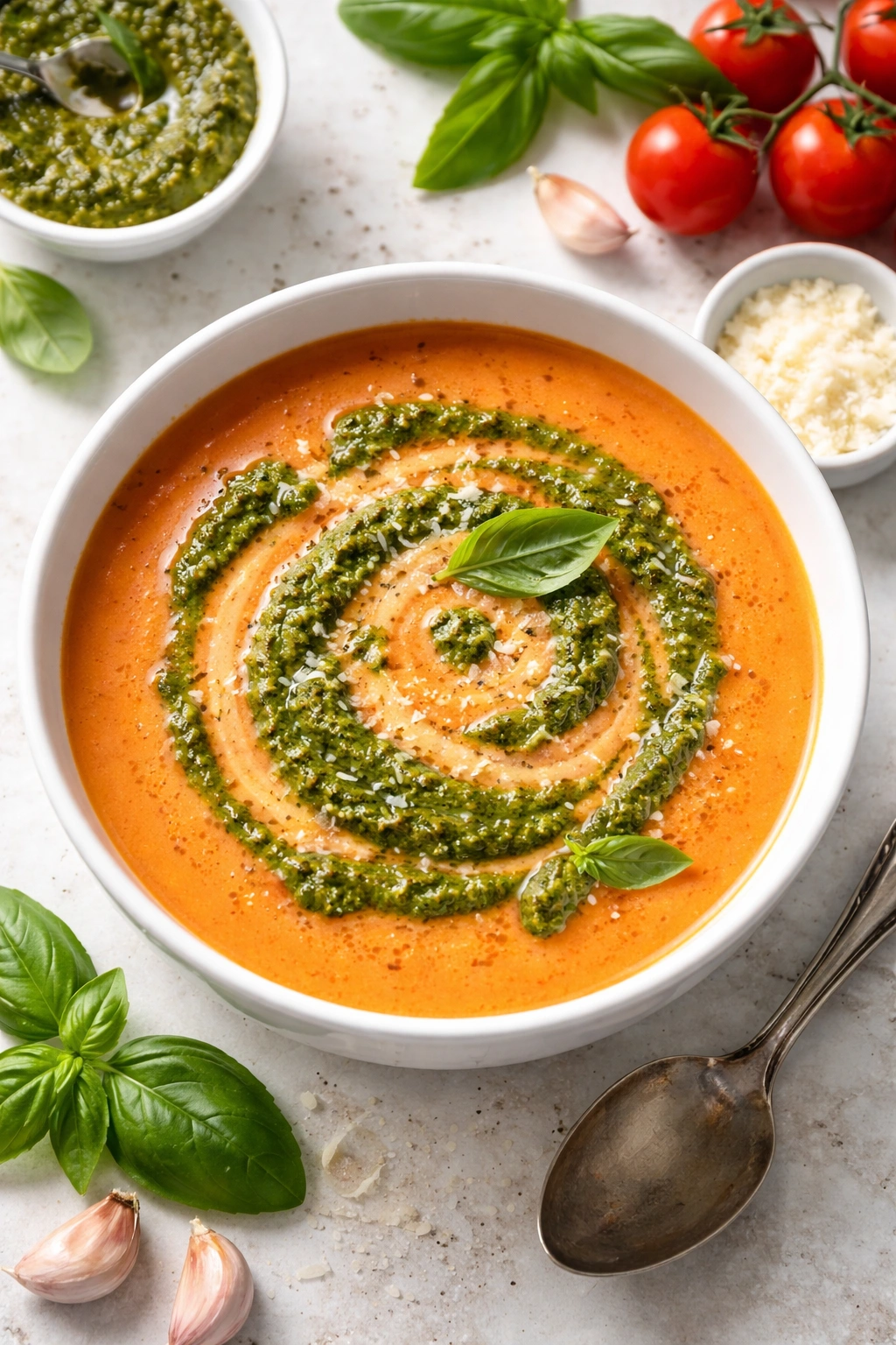 Creamy tomato soup with a green basil pesto swirl on top
