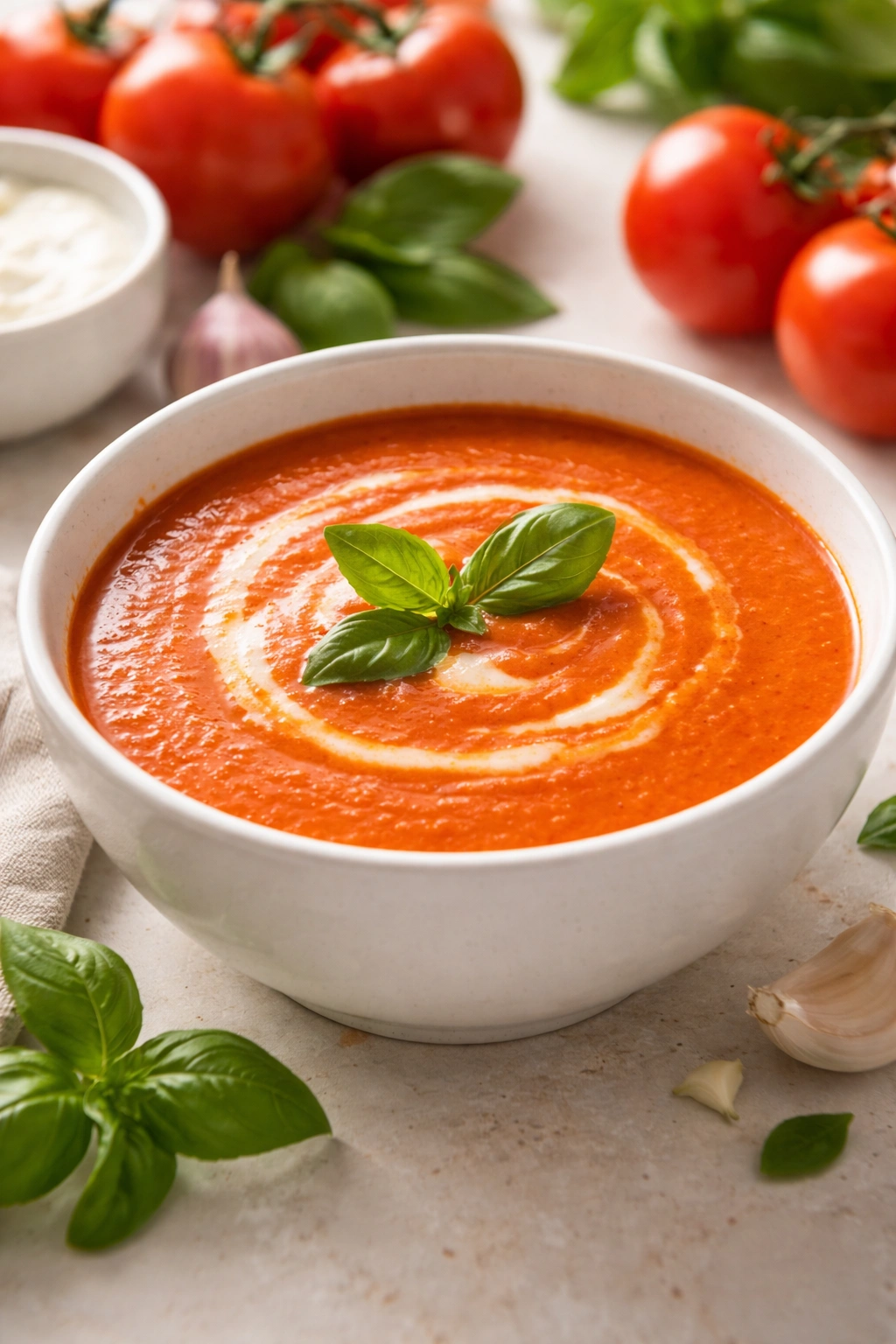 Silky creamy tomato basil soup in a white bowl with basil garnish under soft light